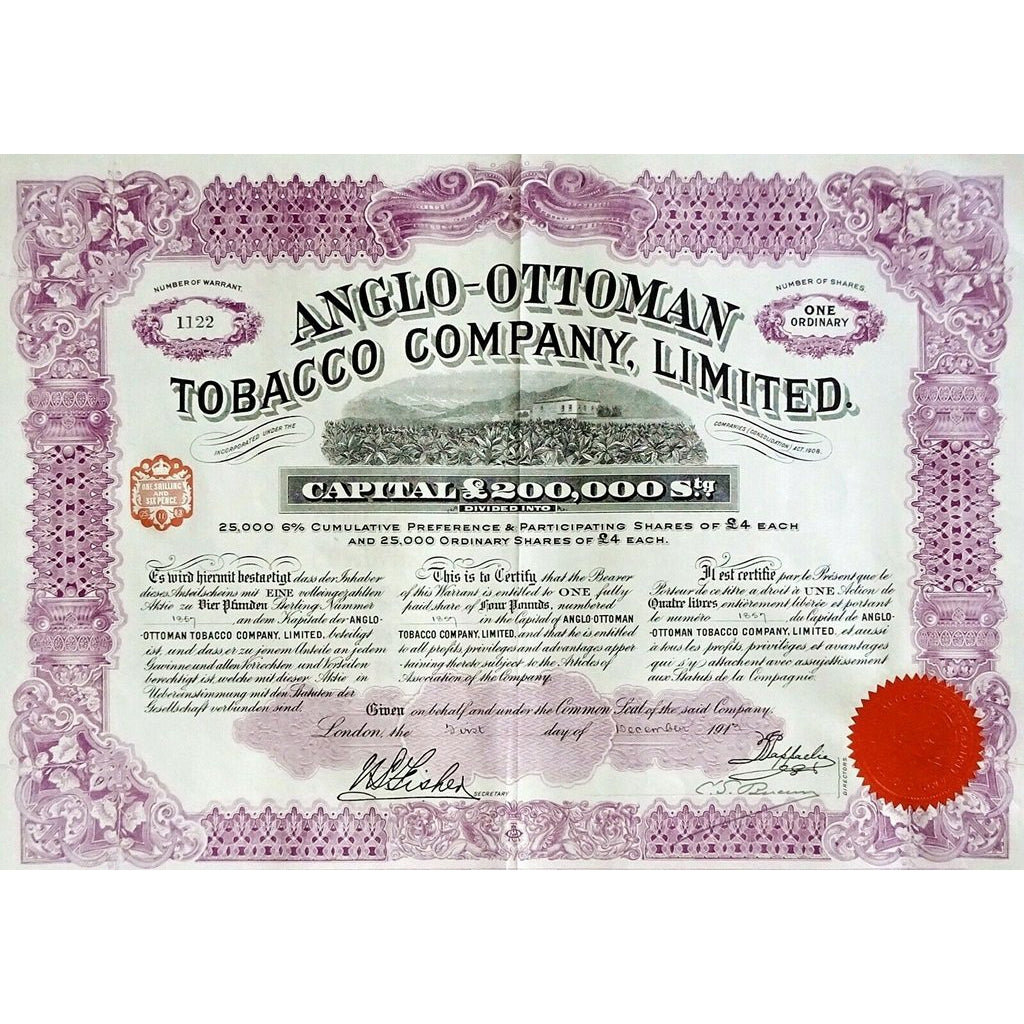 Anglo-Ottoman Tobacco Company, Limited 1930 Turkey Stock Certificate