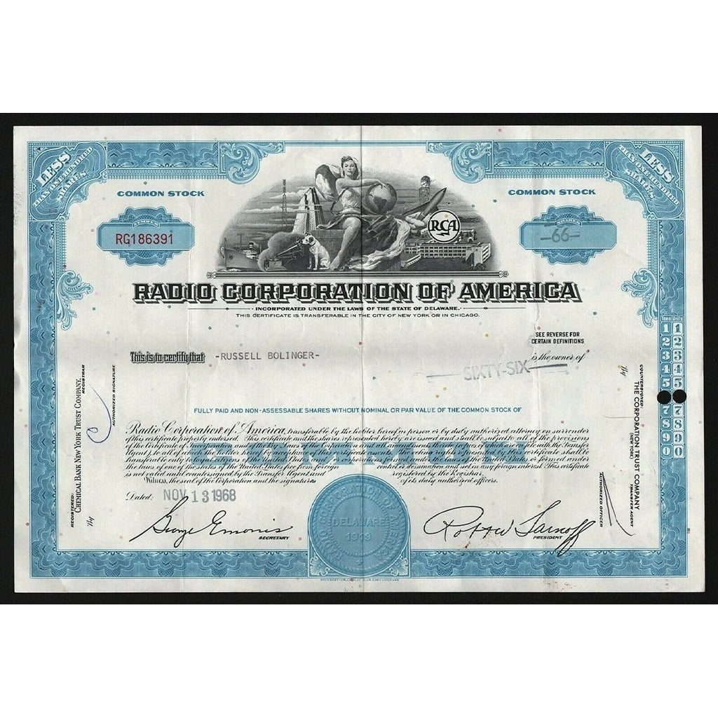 Radio Corporation of America (RCA) Stock Certificate