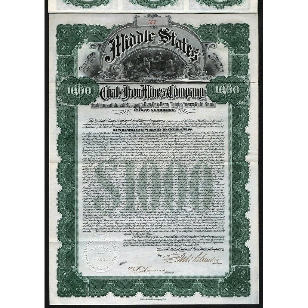 Middle States Coal and Iron Mines Company 1906 West Virginia Gold Bond Certificate