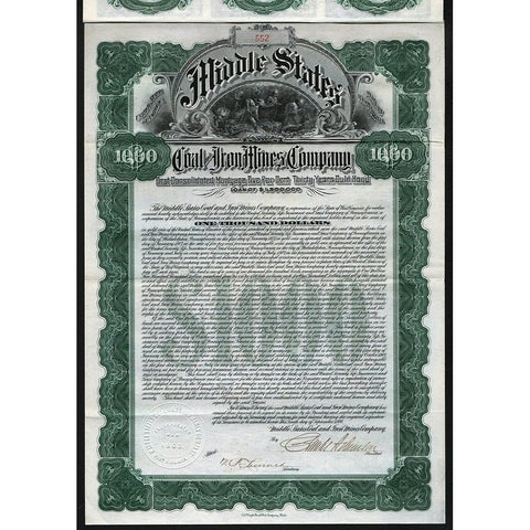 Middle States Coal and Iron Mines Company 1906 West Virginia Gold Bond Certificate