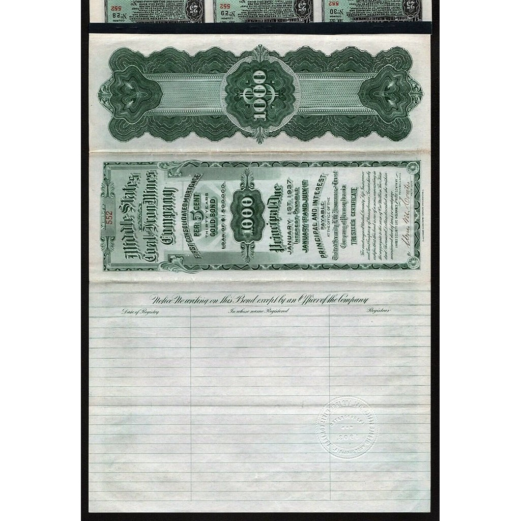 Middle States Coal and Iron Mines Company 1906 West Virginia Gold Bond Certificate