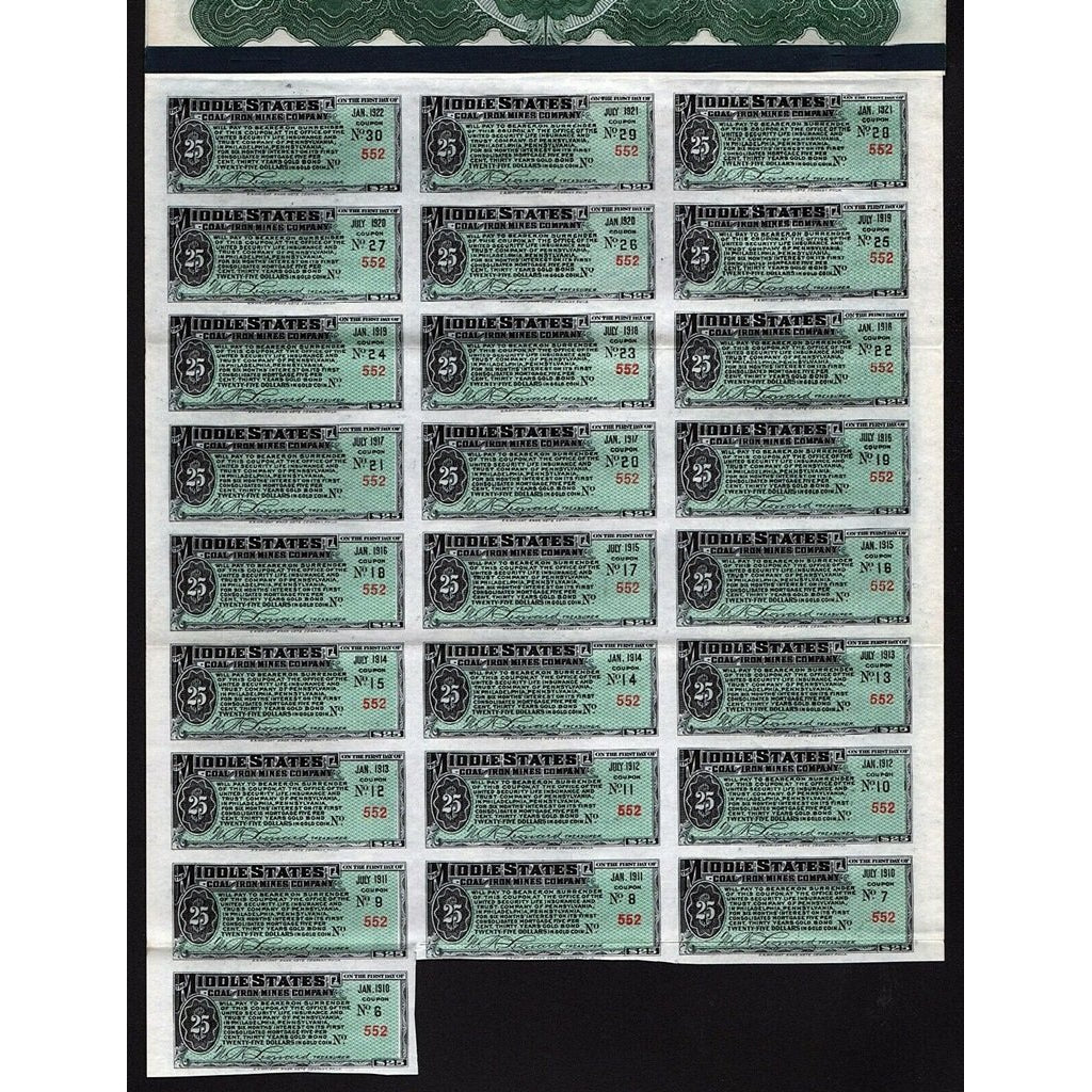 Middle States Coal and Iron Mines Company 1906 West Virginia Gold Bond Certificate