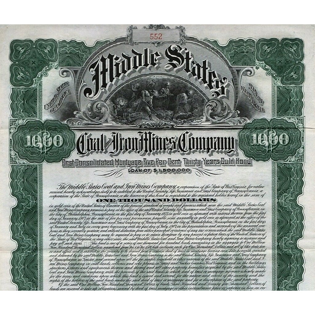 Middle States Coal and Iron Mines Company 1906 West Virginia Gold Bond Certificate