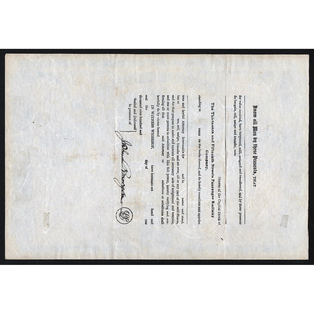 13th & 15th Streets Passenger Railway Company Philadelphia Stock Certificate