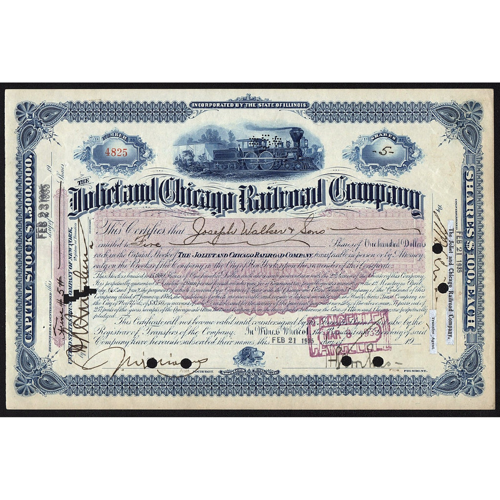 The Joliet and Chicago Railroad Company Stock Certificate Scripophily