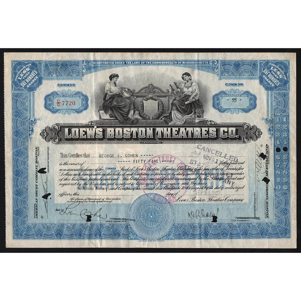 Loew’s Boston Theatres Co. Stock Certificate