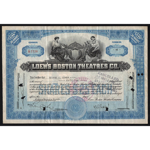 Loew’s Boston Theatres Co. Stock Certificate