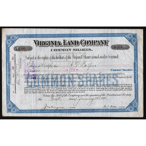 Virginia Land Company Stock Certificate