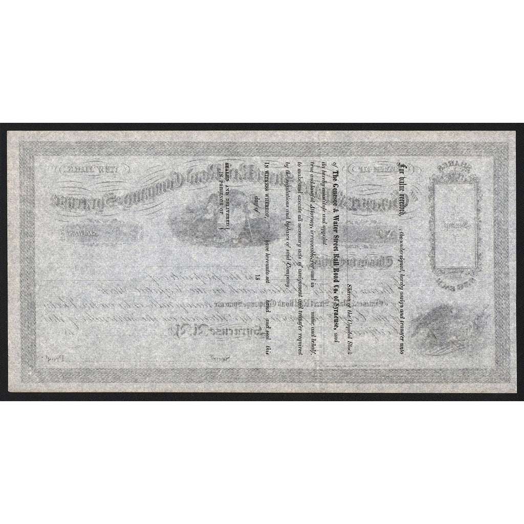 The Genesee & Water Street Rail Road Company of Syracuse Stock Certificate
