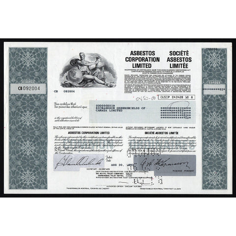 Asbestos Corporation Limited Canada Stock Certificate