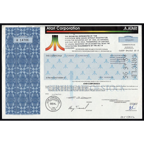 Atari Stock Certificate