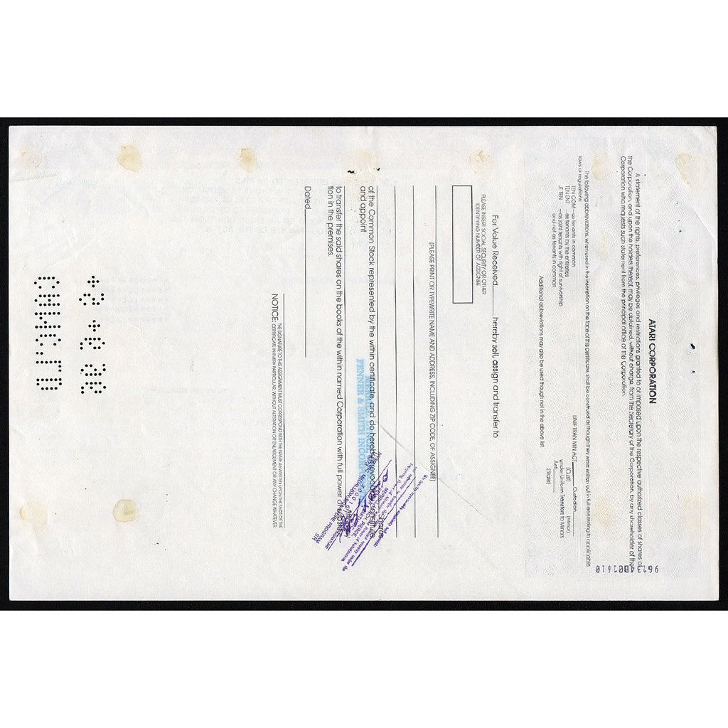 Atari Corporation 1993 Nevada Stock Certificate