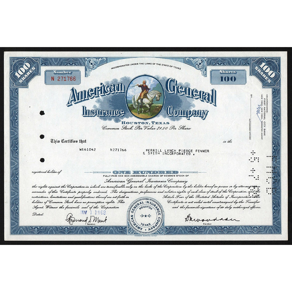 American General Insurance Company 1968 Texas Stock Certificate