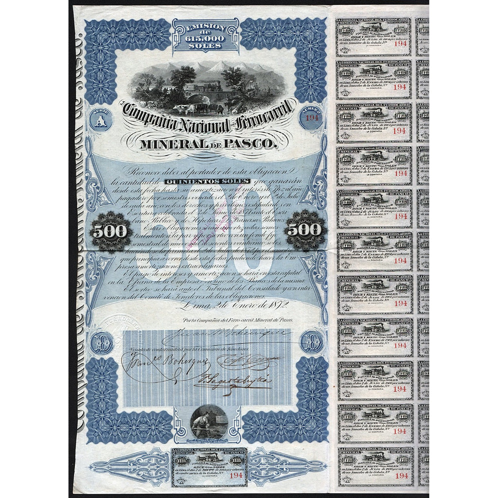 Compania Nacional del Ferrocarril Mineral de Pasco 1872 Lima Peru Stock Bond Certificate