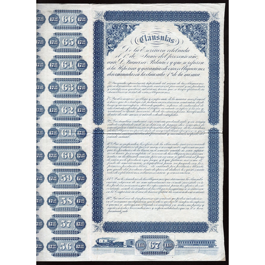 Compania Nacional del Ferrocarril Mineral de Pasco 1872 Lima Peru Stock Bond Certificate