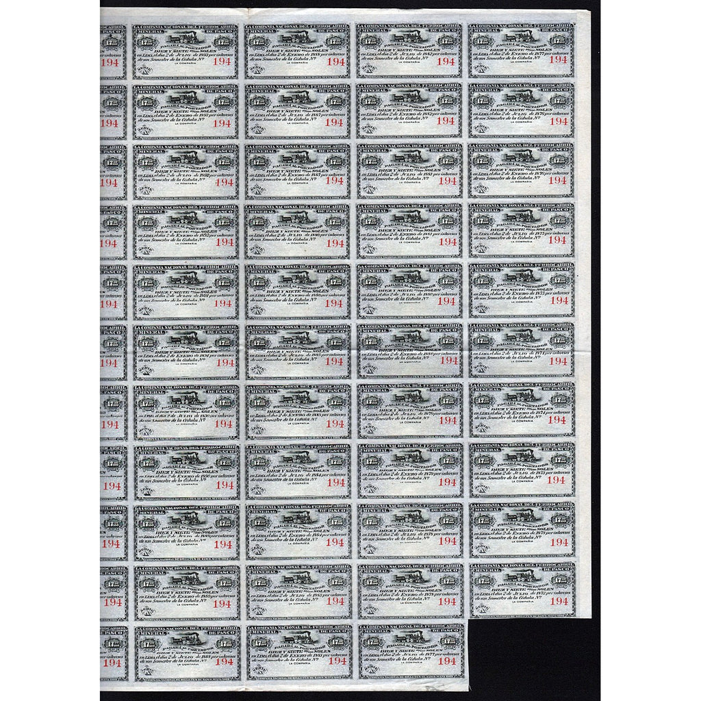 Compania Nacional del Ferrocarril Mineral de Pasco 1872 Lima Peru Stock Bond Certificate