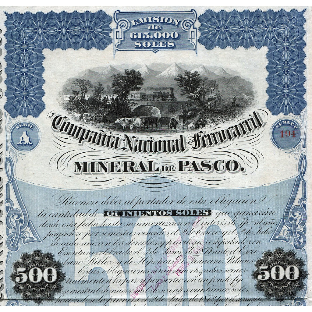 Compania Nacional del Ferrocarril Mineral de Pasco 1872 Lima Peru Stock Bond Certificate