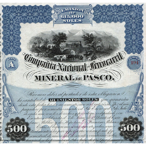 Compania Nacional del Ferrocarril Mineral de Pasco 1872 Lima Peru Stock Bond Certificate