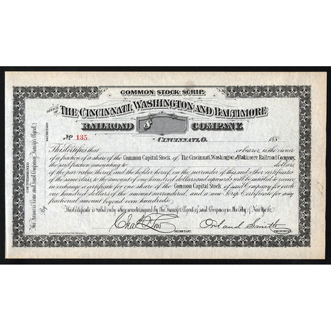 The Cincinnati, Washington and Baltimore Railroad Company Ohio Stock Certificate