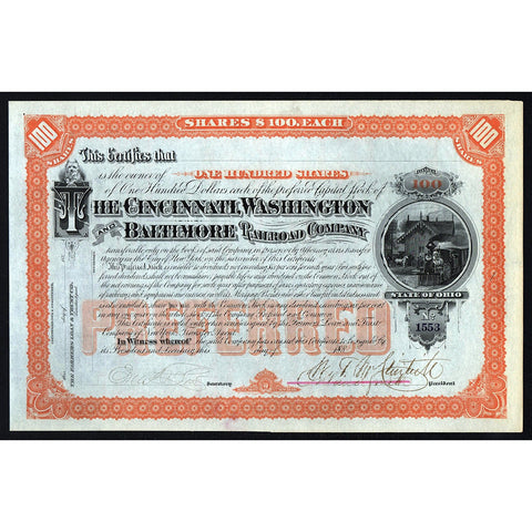 The Cincinnati, Washington and Baltimore Railroad Company Stock Certificate
