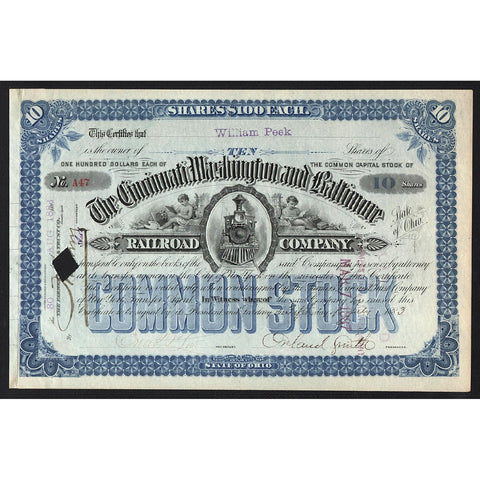 The Cincinnati, Washington and Baltimore Railroad Company 1883 Stock Certificate