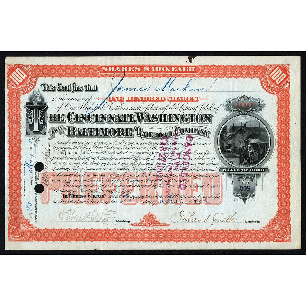 The Cincinnati, Washington and Baltimore Railroad Company 1883 Stock Certificate