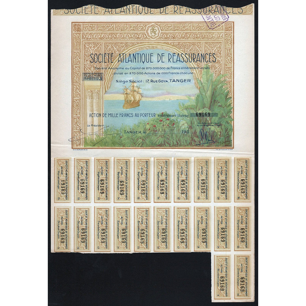 Societe Atlantique de Reassurances 1950s Morocco Stock Certificate