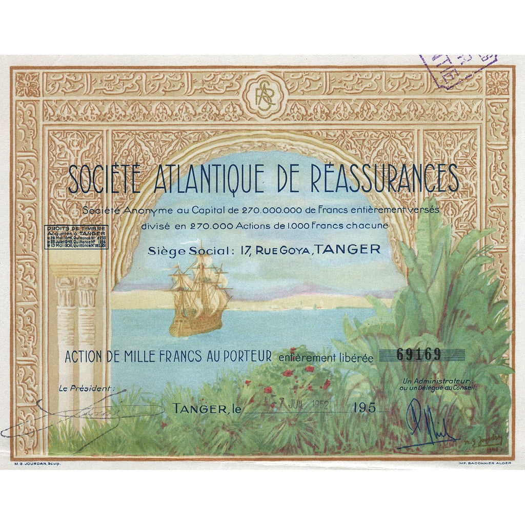 Societe Atlantique de Reassurances 1950s Morocco Stock Certificate