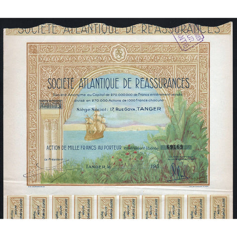 Societe Atlantique de Reassurances 1950s Morocco Stock Certificate
