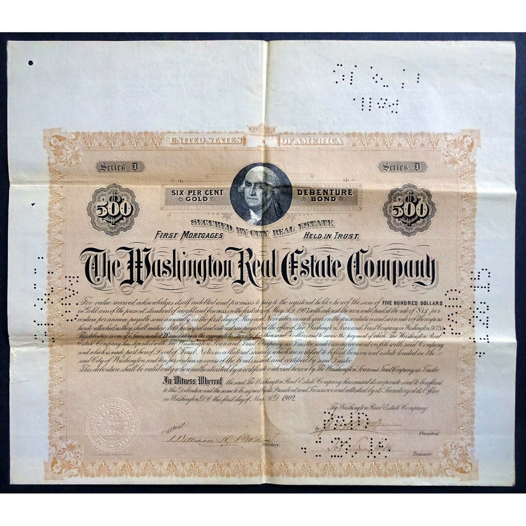 The Washington Real Estate Company DC 1902 Gold Bond Certificate