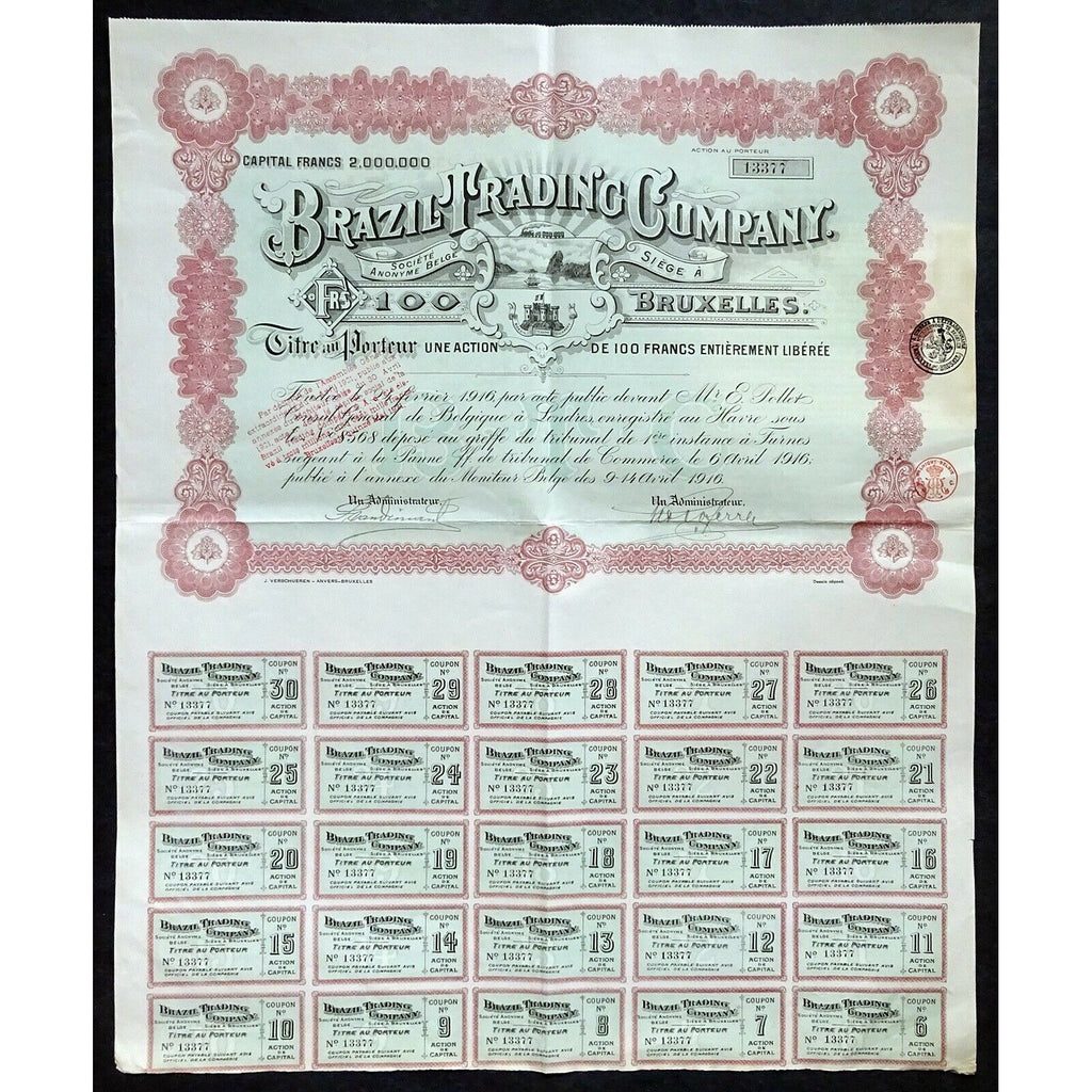 Brazil Trading Company Societe Anonyme Belge 1916 Belgium Stock Certificate