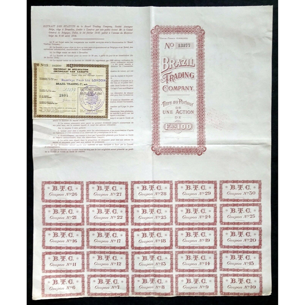 Brazil Trading Company Societe Anonyme Belge 1916 Belgium Stock Certificate