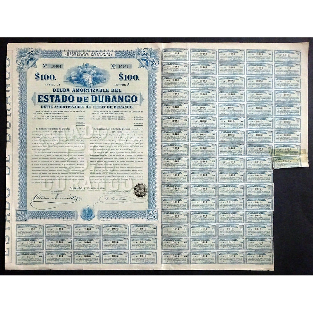 1910 Mexico: Republica Mexicana - Estado de Durango, 100 Pesos Bond Certificate
