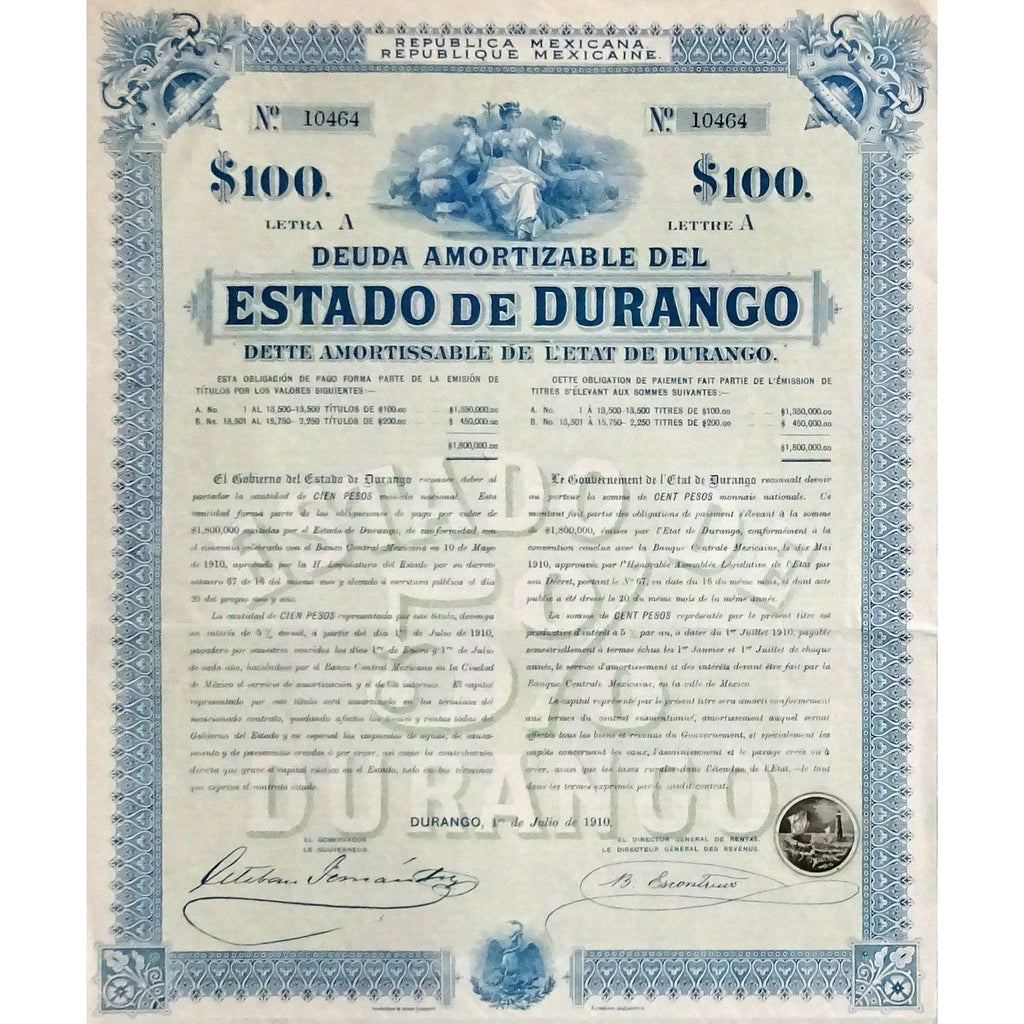 1910 Mexico: Republica Mexicana - Estado de Durango, 100 Pesos Bond Certificate