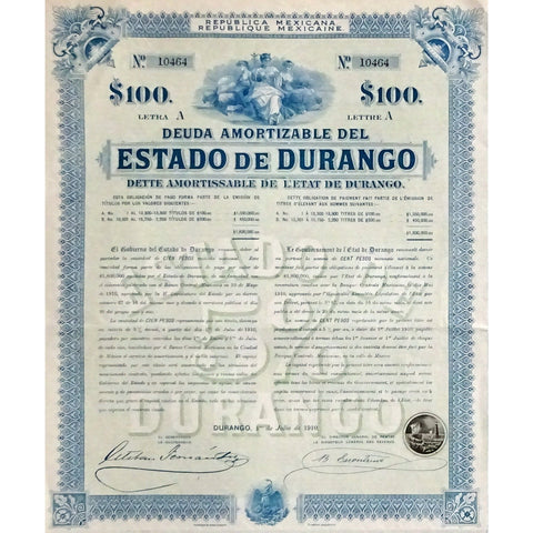 1910 Mexico: Republica Mexicana - Estado de Durango, 100 Pesos Bond Certificate