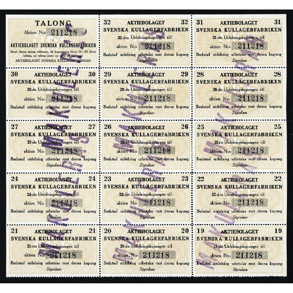 Aktiebolaget Svenska Kullagerfabriken (SKF) 1917 Sweden Stock Certificate