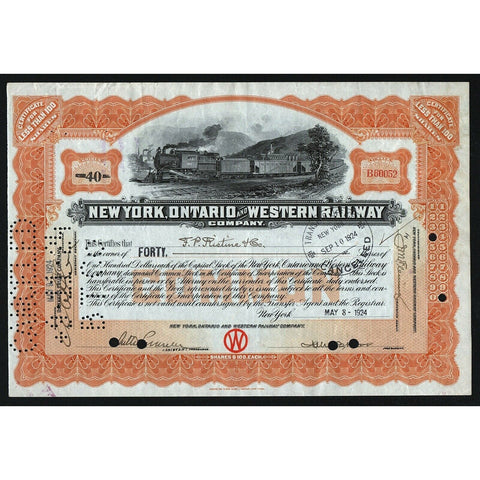 New York, Ontario and Western Railway Company 1924 Stock Certificate