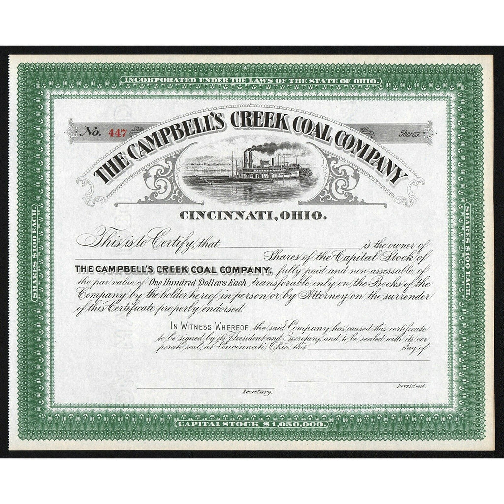 The Campbell's Creek Coal Company (Cincinnati, Ohio) Stock Certificate