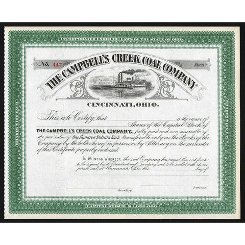 The Campbell's Creek Coal Company (Cincinnati, Ohio) Stock Certificate
