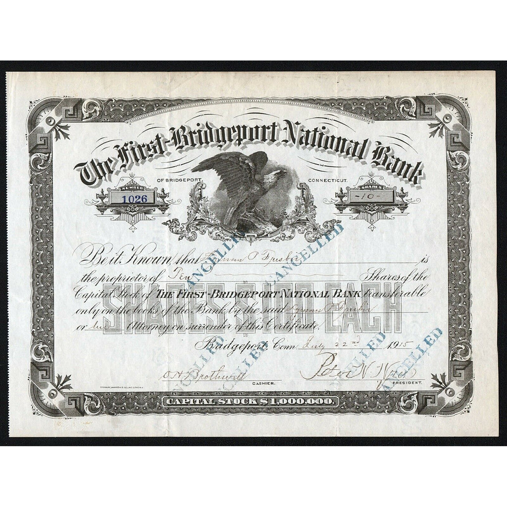 The First-Bridgeport National Bank Connecticut Stock Certificate