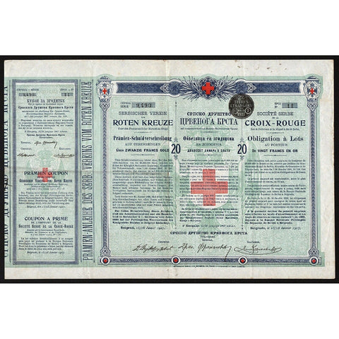 Serbian Red Cross Serbischer Verein vom Roten Kreuze 1907 Stock Certificate