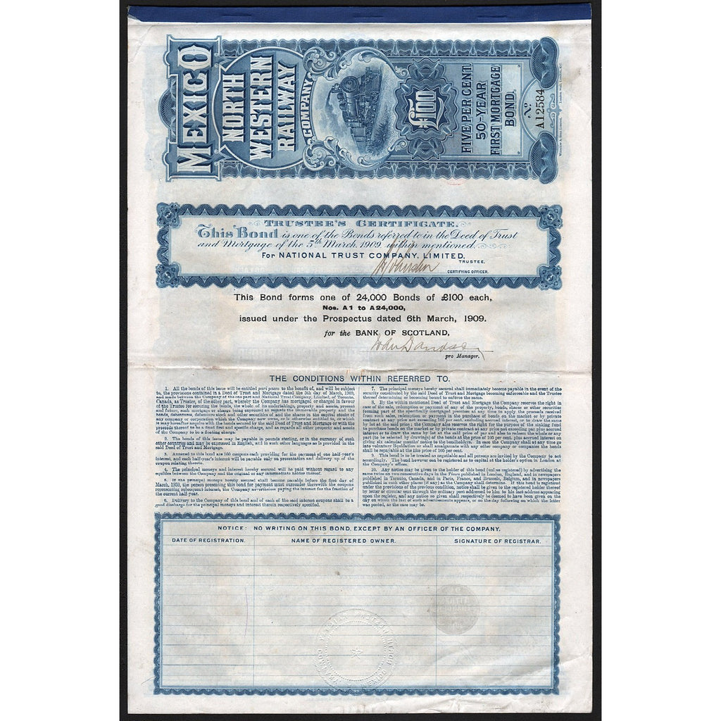 Mexico North Western Railway Company 1909 Canada Stock Bond Certificate