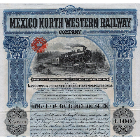 Mexico North Western Railway Company 1909 Canada Stock Bond Certificate