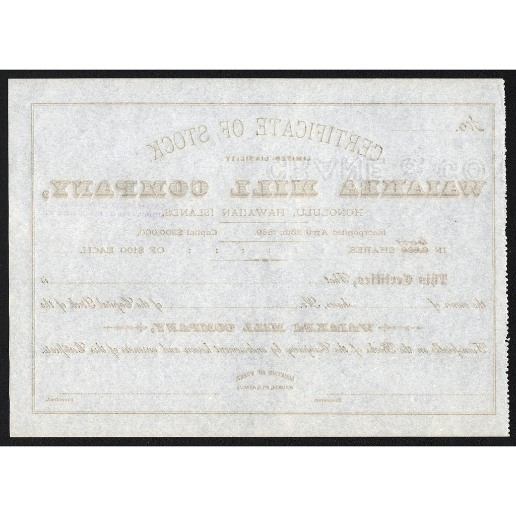 Waiakea Mill Company (Honolulu, Hawaiian Islands) Stock Certificate