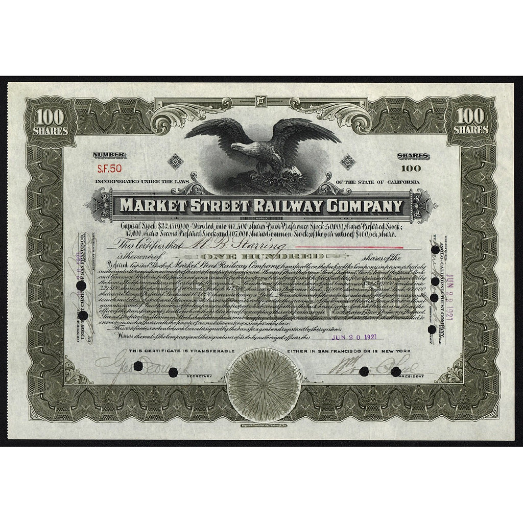 Market Street Railway Company California Stock Certificate