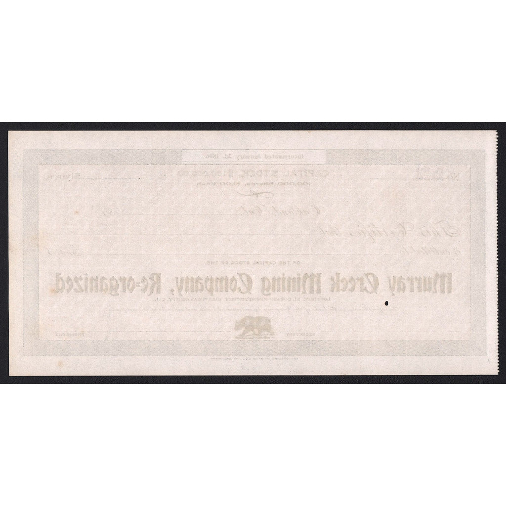 Murray Creek Mining Company, Re-organized California Stock Certificate