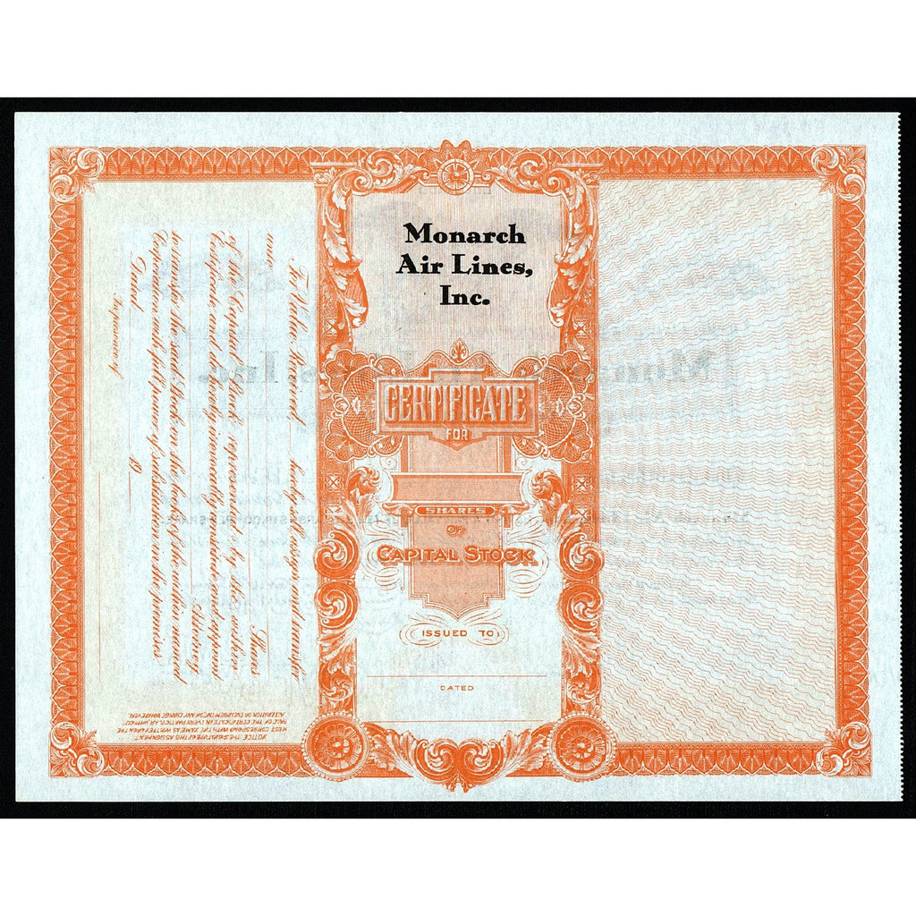 Monarch Air Lines, Inc. Colorado Stock Certificate