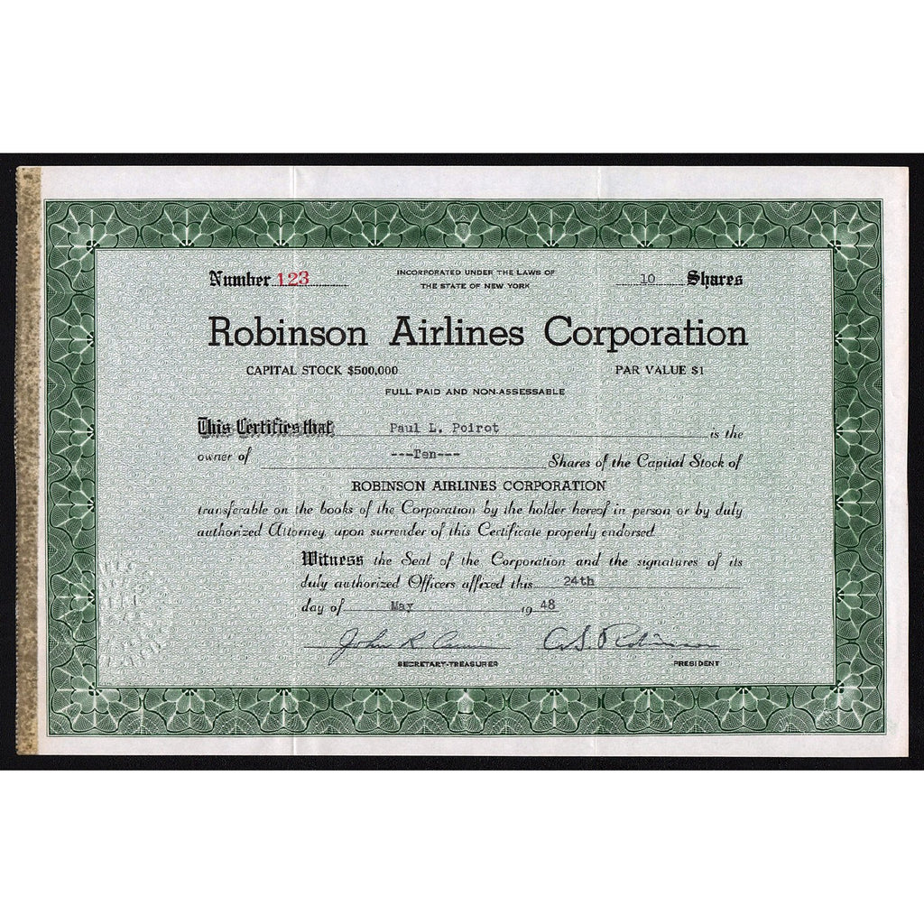 Robinson Airlines Corporation New York Stock Certificate