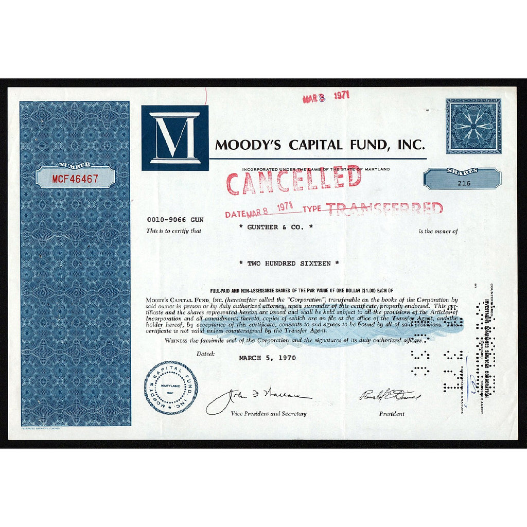 Moody’s Capital Fund, Inc. Maryland Stock Certificate