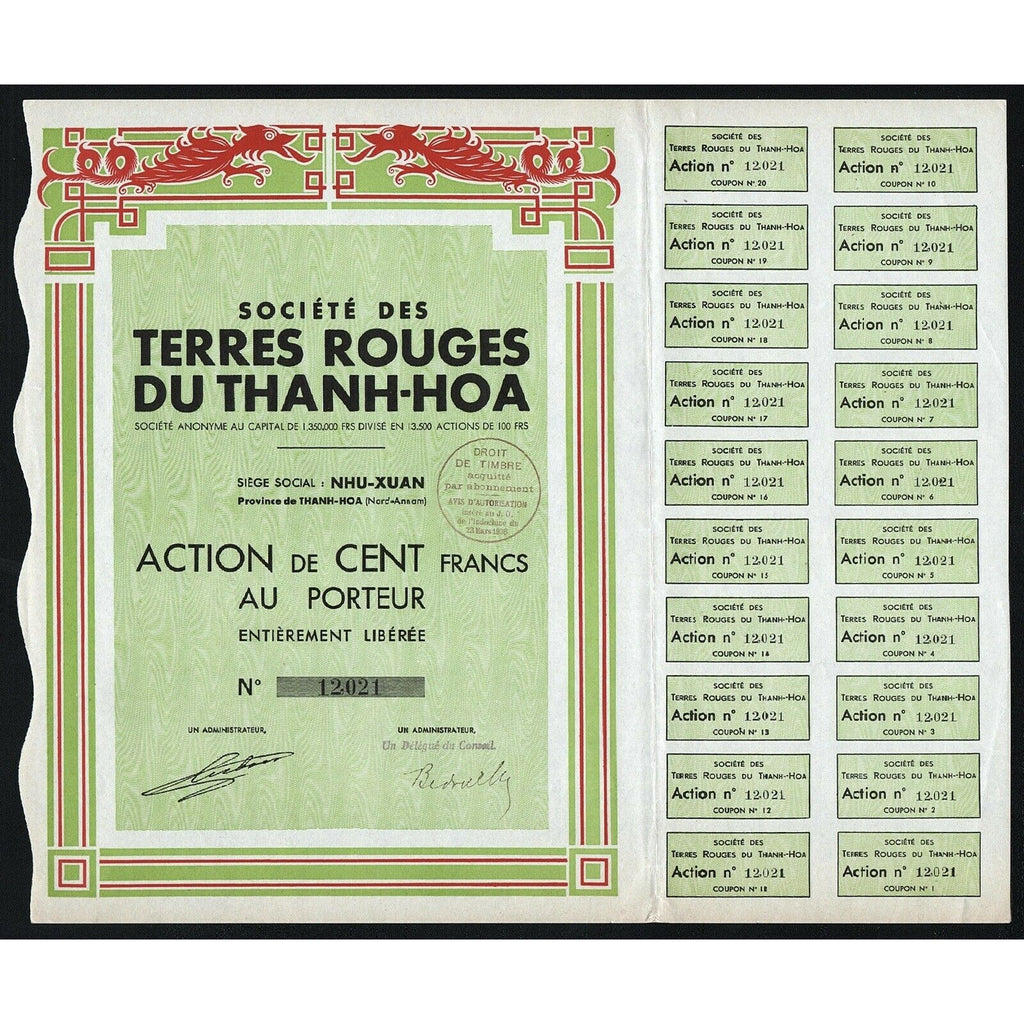Societe des Terres Rouges Du Thanh-Hoa Vietnam Stock Certificate